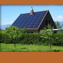 A house with depeciting solar panels on the roof